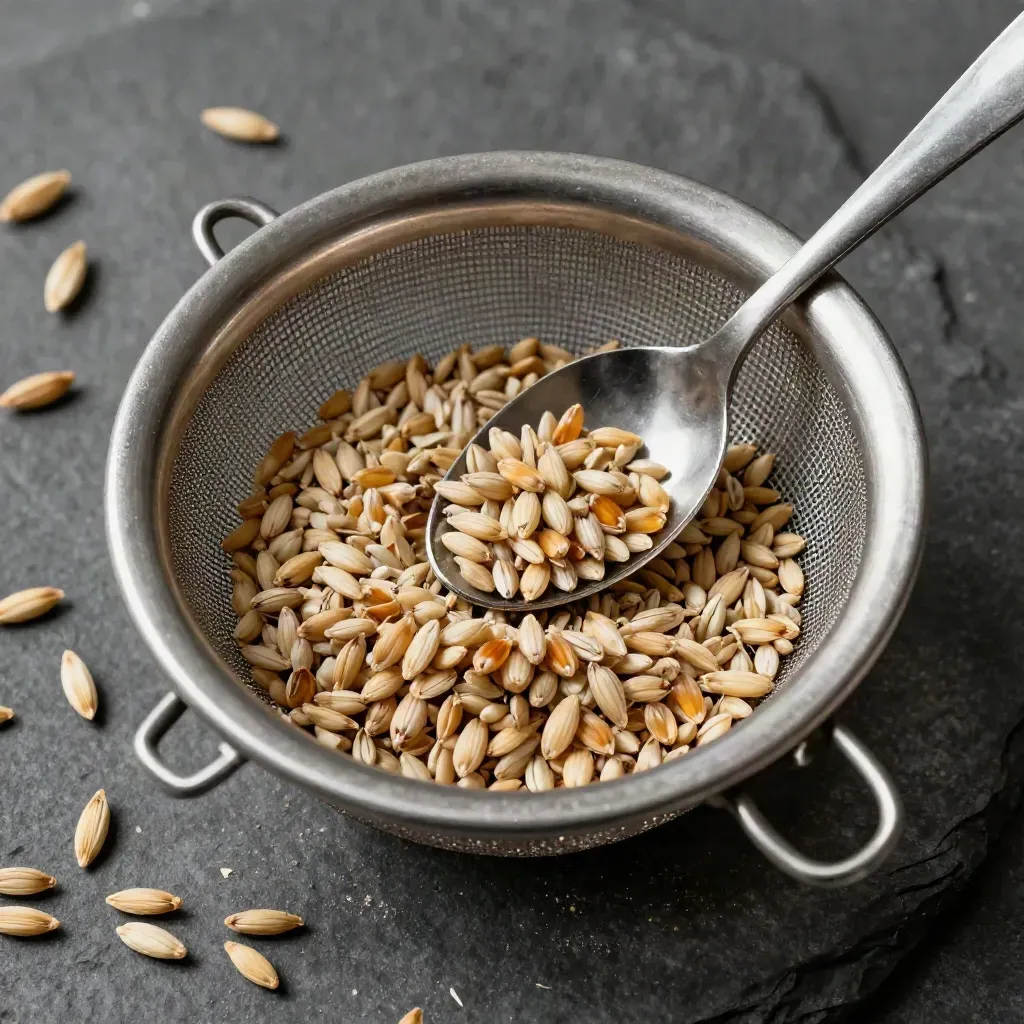 Top-down macro of malted barley heads, a sieve cup and tasting spoon on dark stone.