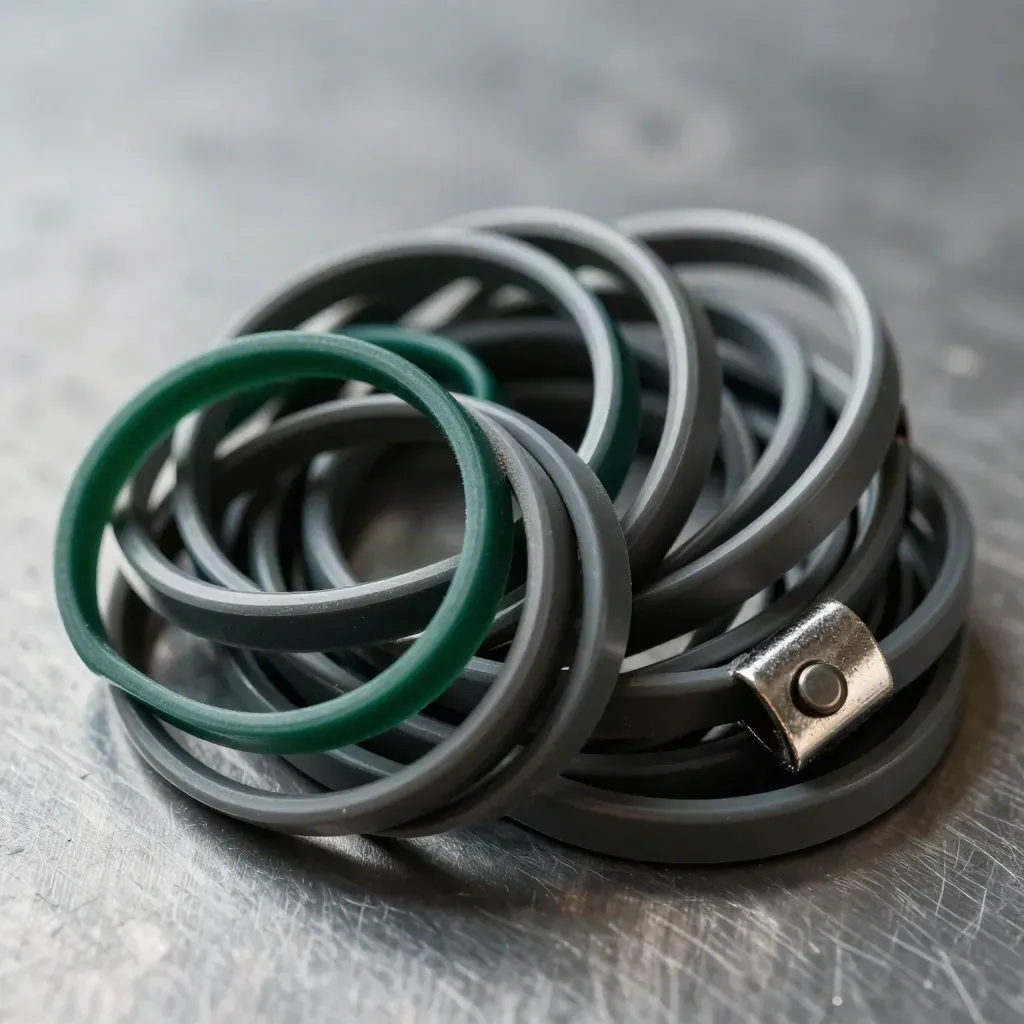 Top-down cluster of cable ties, seal rings, and a metal clip on brushed steel