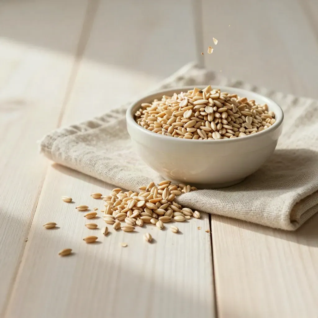 Oat kernels beside a ceramic bowl and folded linen on pale wood, lit by soft daylight.