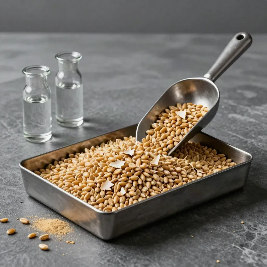 Barley malt tray, kiln scoop, and two glass vials on stone with dramatic side light.