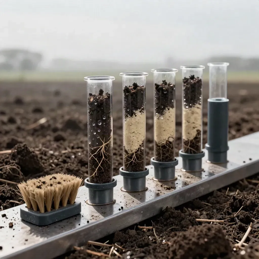 Soil core tubes, mud brush and field marker block on brushed metal in dramatic studio light
