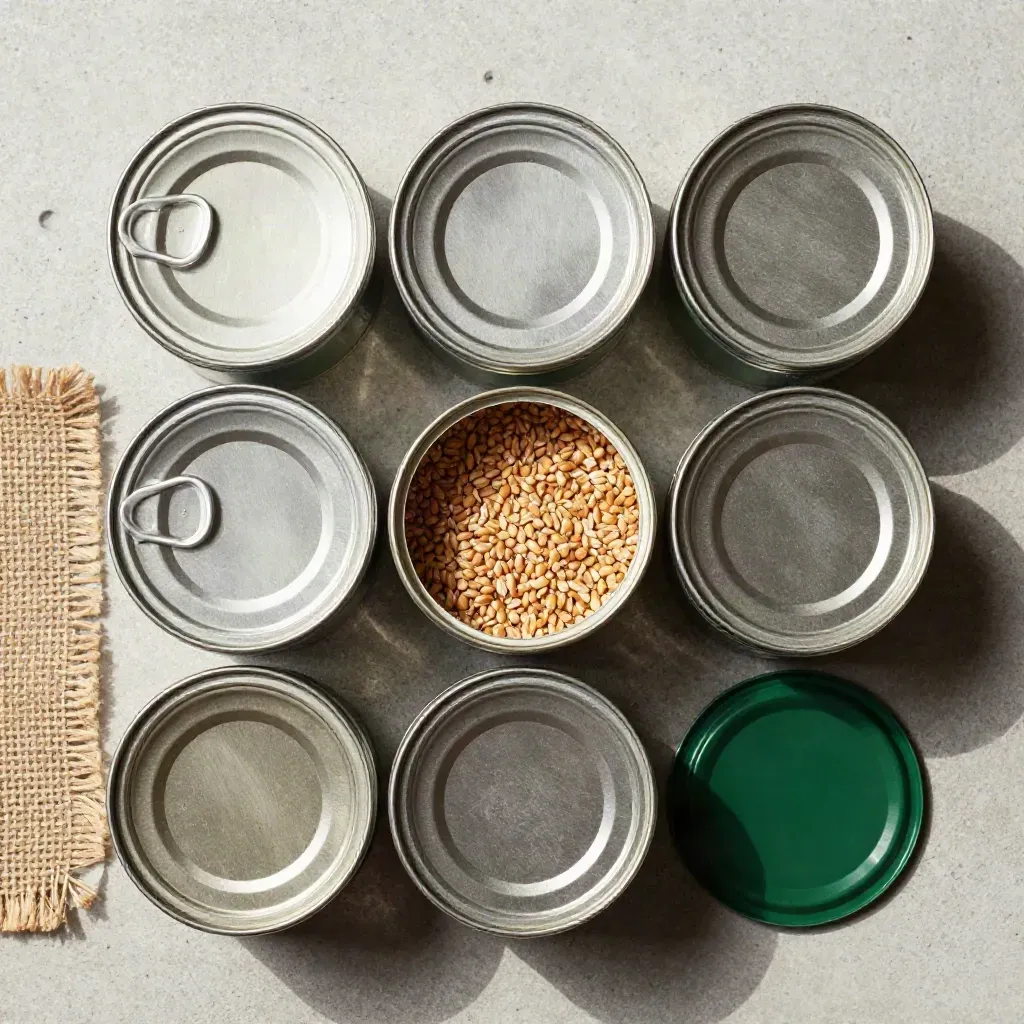 Overhead grain sample tins and burlap swatch on pale concrete with soft shadows.
