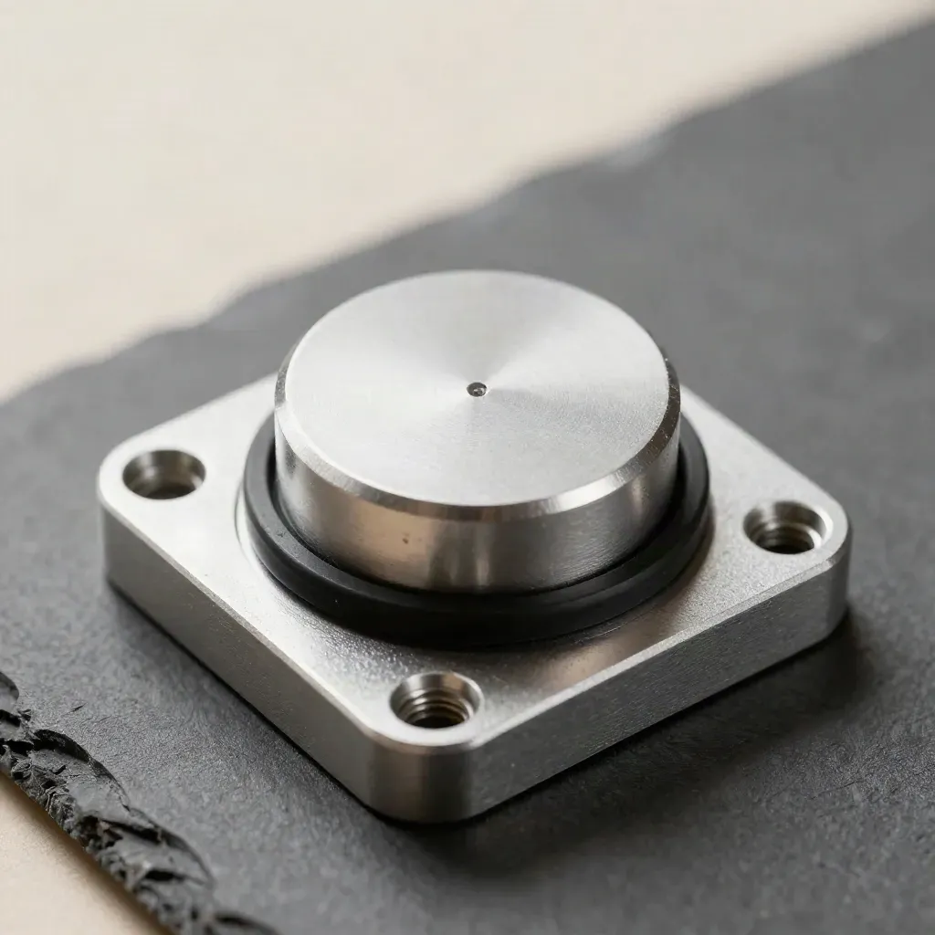 Ultrasonic silo sensor puck with bracket, gasket ring and cable gland on matte graphite.