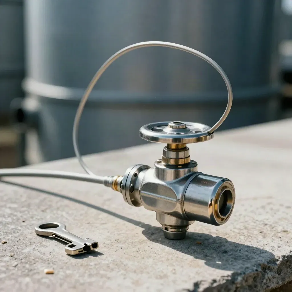 Floating grain silo level switch with tether, clamp, and counterweight on pale stone