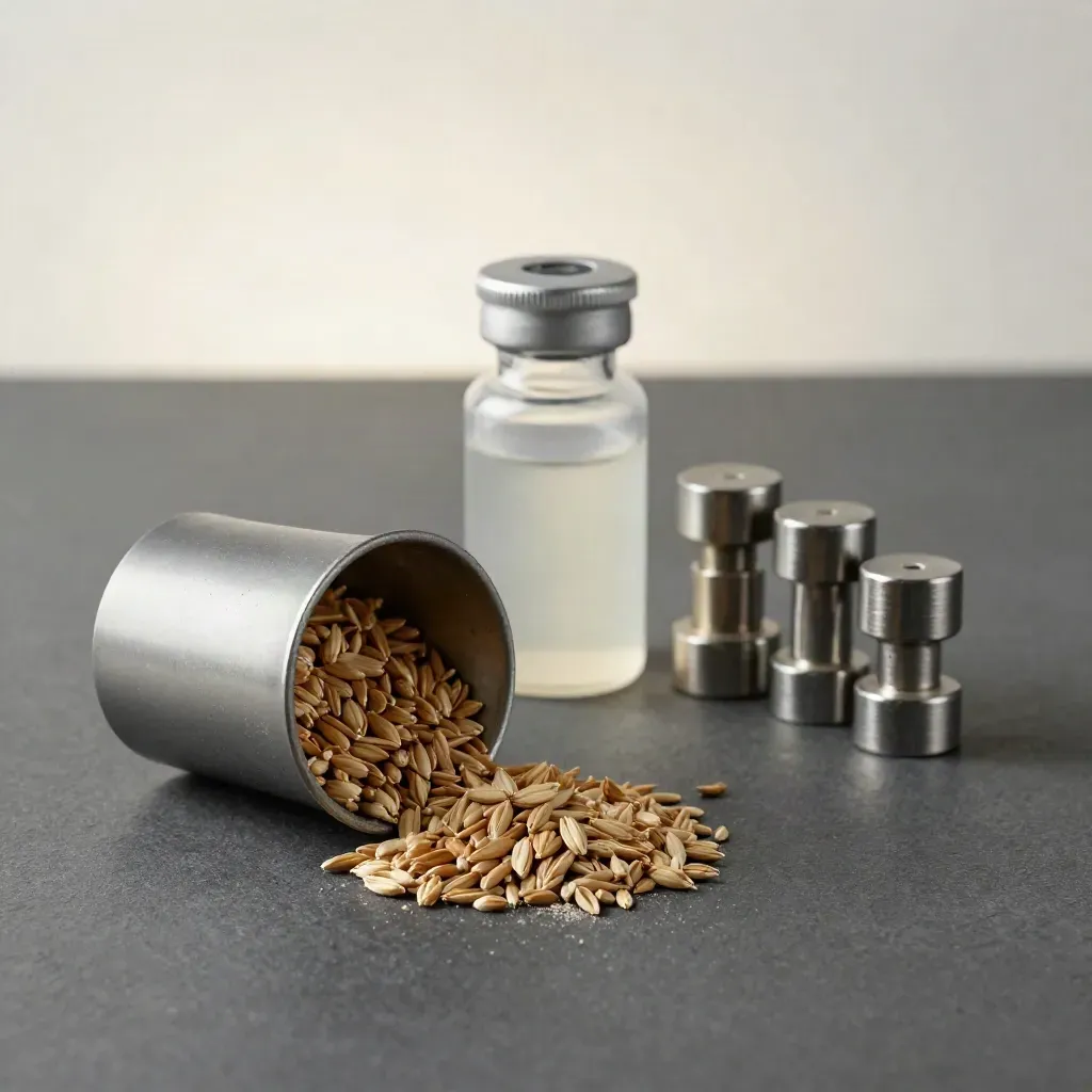 Open grain moisture cup with vial and calibration weights on graphite, lit in macro close-up