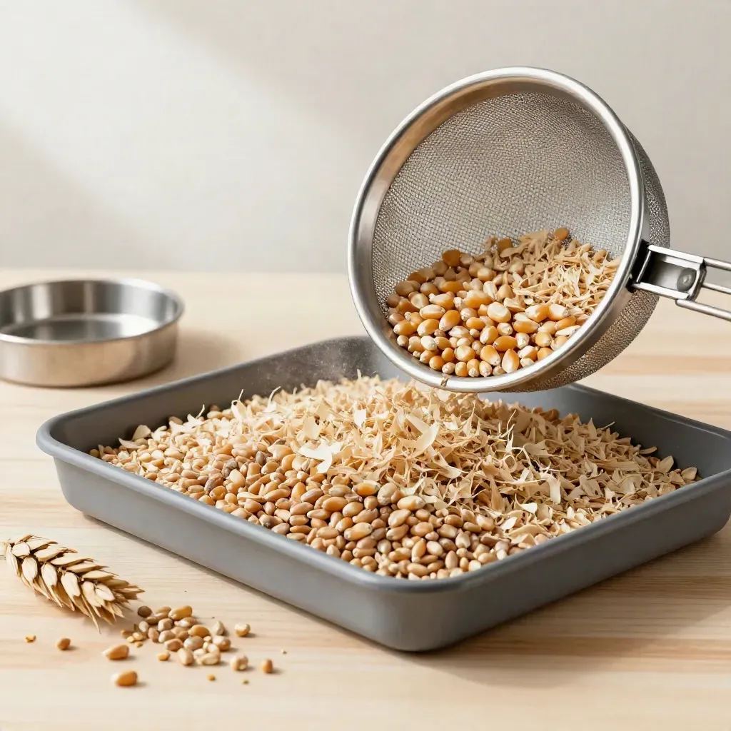 Grain sieve and divider tray with kernels on pale wood in soft daylight.