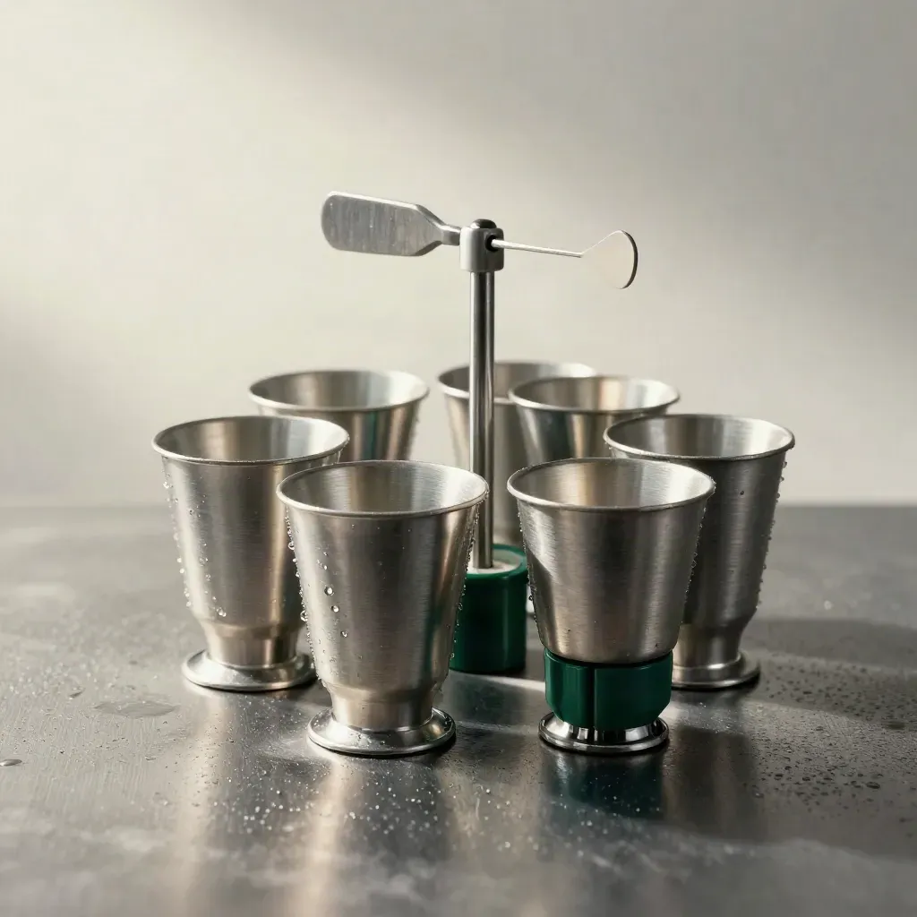 Macro rain gauge cups and spindle on brushed steel with cool drizzle.