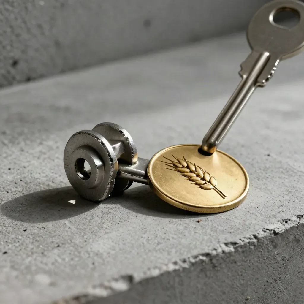 Trailer coupling pin, route marker disc and magnetic yard clip lit dramatically on concrete.