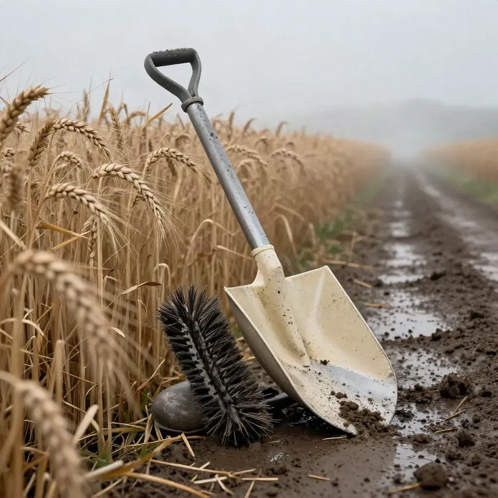 Moisture probe, seed scoop and boot brush beside blurred barley stems in misty light