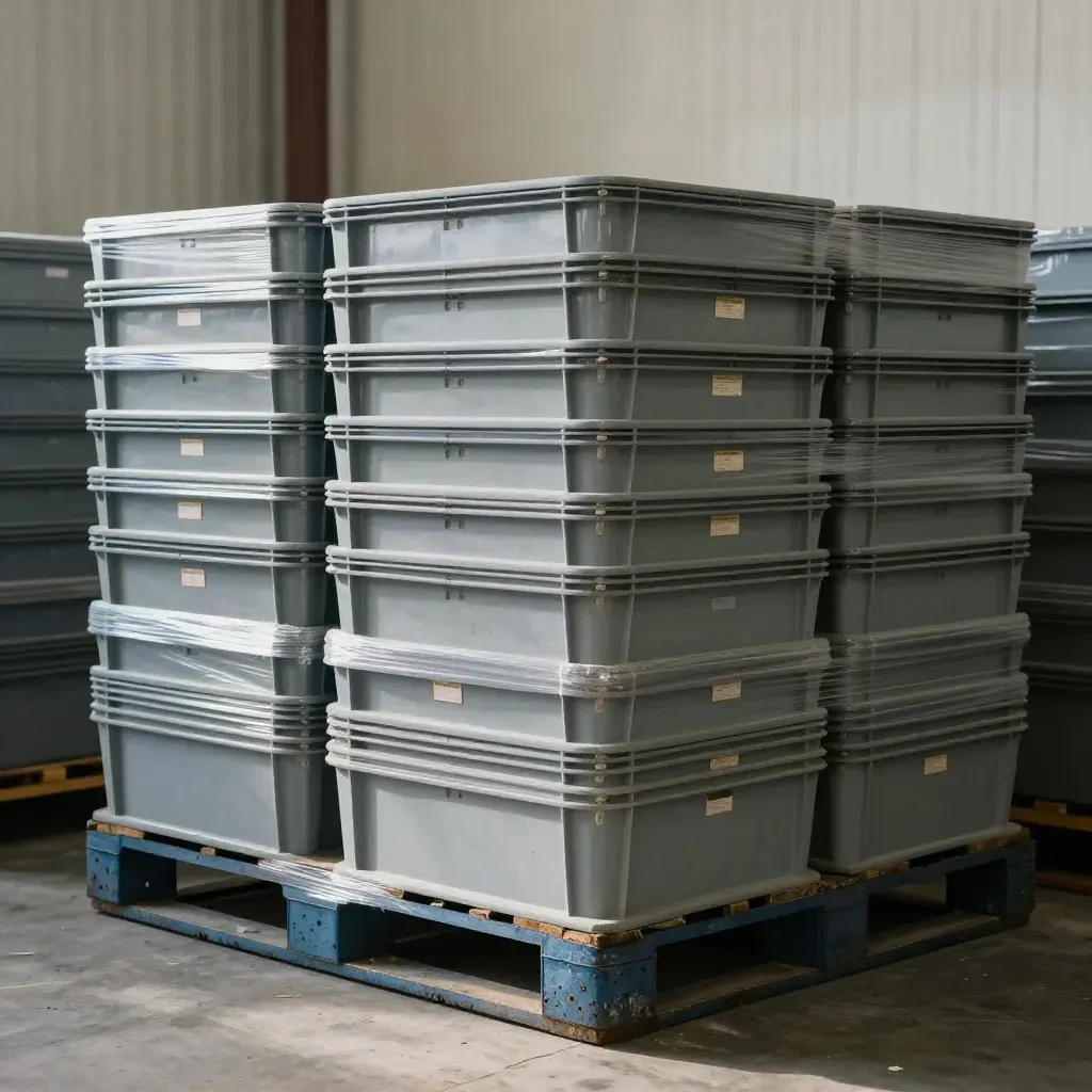 Stacked sample crates with pallet guards in a warehouse bay, seen through wrapped film.