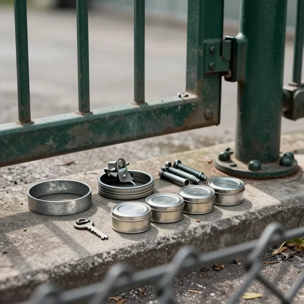 Weighbridge seals, hopper latch parts, and sample tins by a yard gate behind chain-link.