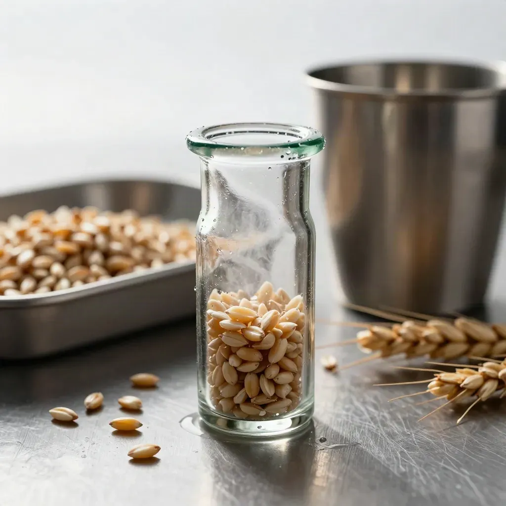 Condensation-beaded sample vial beside a stainless cup and damp grain tray