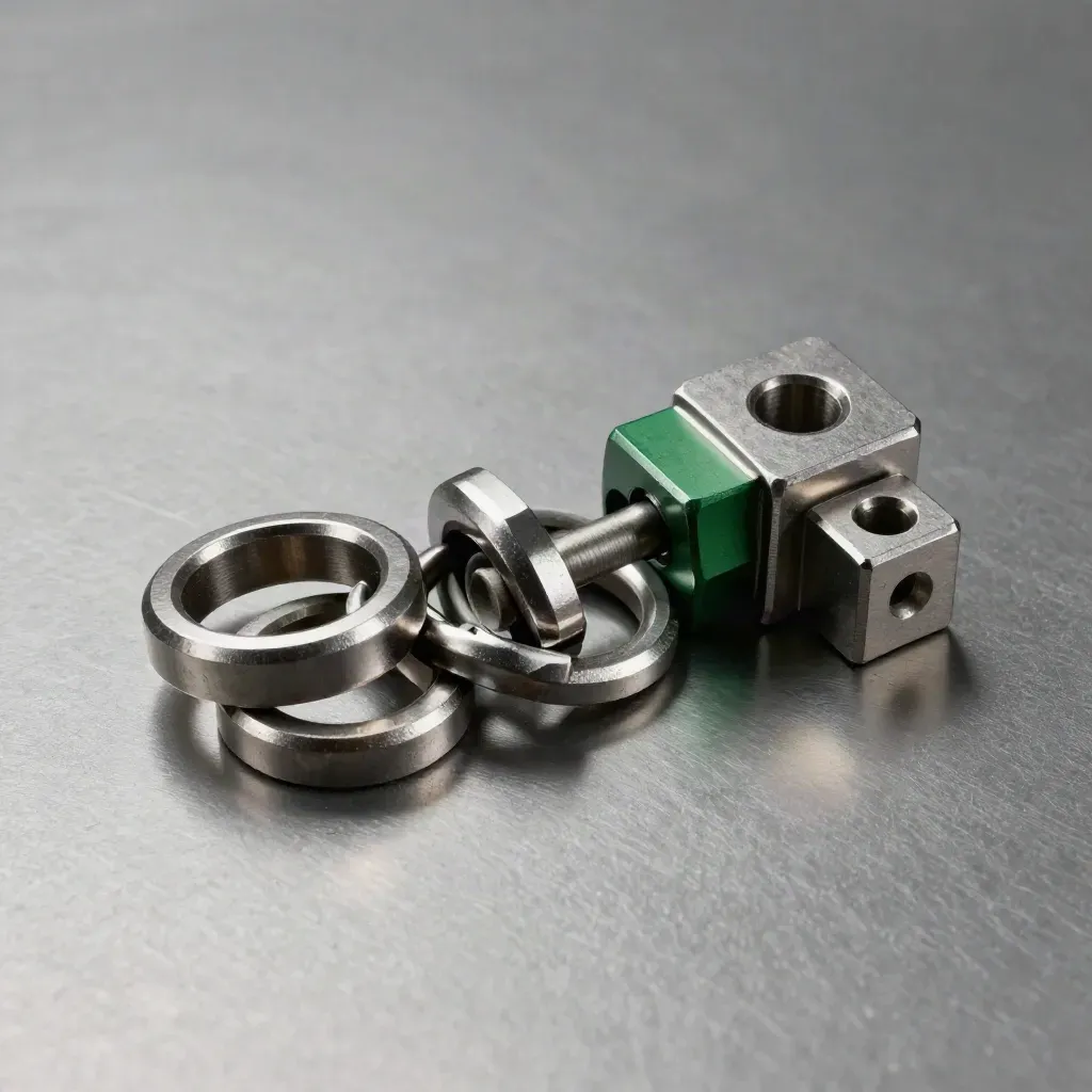 Linked steel rings and connector blocks on brushed aluminum, lit dramatically.