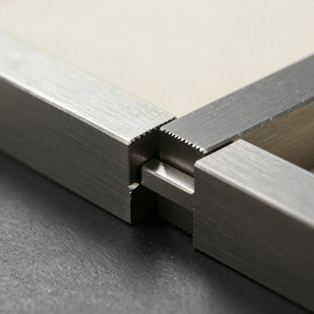 Macro of graphite metal dovetail blocks joined by a precision pin on a dark surface.