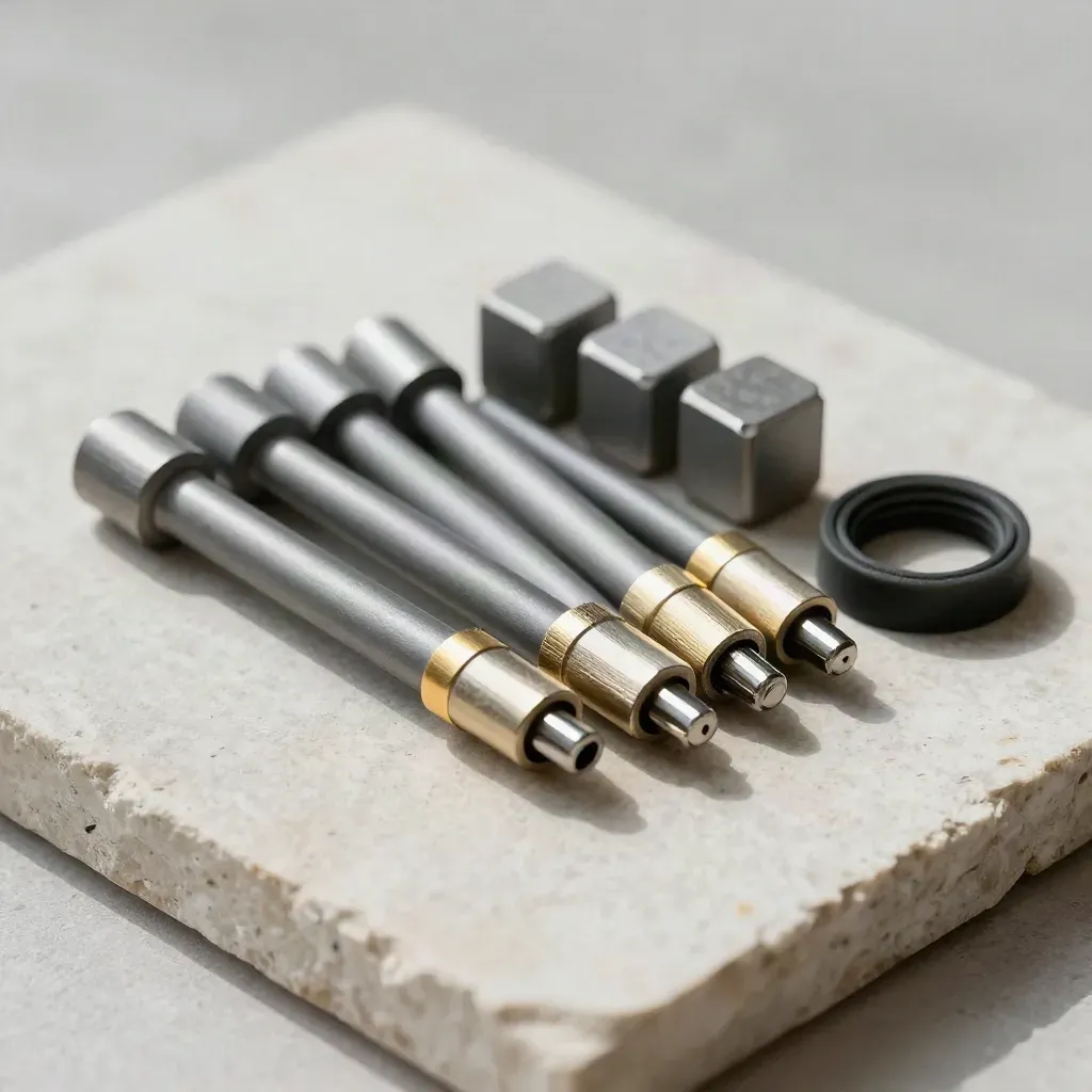 Top-down still life of ferrules, hex blocks and a grommet ring on pale stone