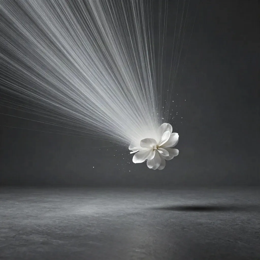 Silver light filaments converge in graphite haze with a calm empty lower third.